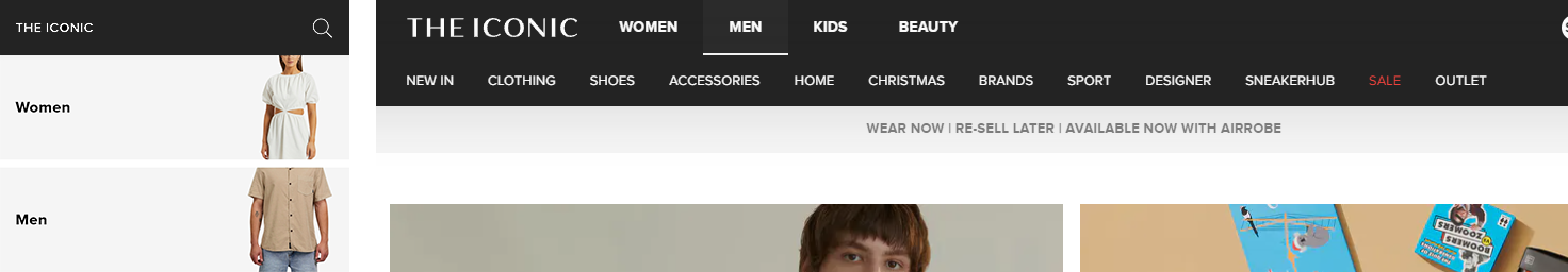 The navigation patterns for The Iconic shown on a mobile device and desktop.